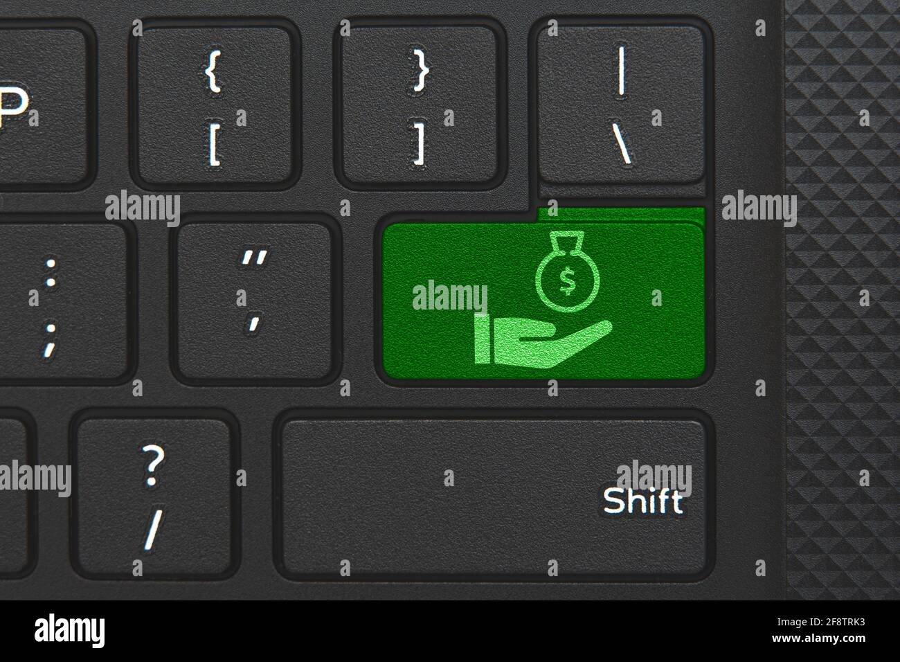 Geldsymbol auf der Computertastatur. Konzeptionelle Idee von Geld, Darlehen, Morgen, Einkommen Stockfoto