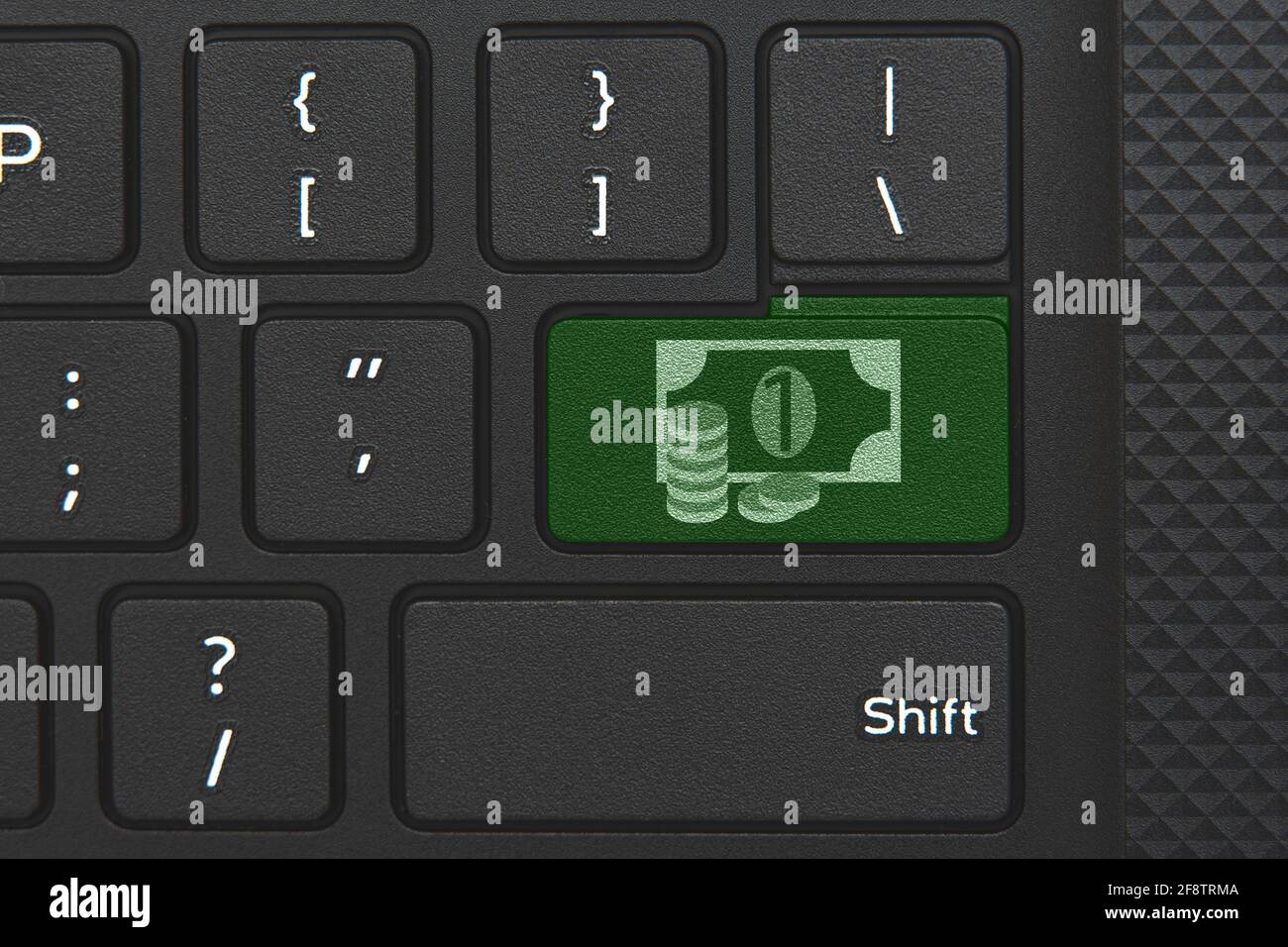 Geldsymbol auf der Computertastatur. Konzeptionelle Idee von Geld, Darlehen, Morgen, Einkommen Stockfoto