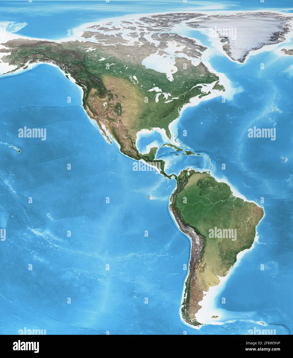 Physische Karte von Amerika, Nord, Mittel und Süd, mit hochauflösenden Details. Abgeflachte Satellitenansicht des Planeten Erde - von der NASA eingerichtete Elemente Stockfoto
