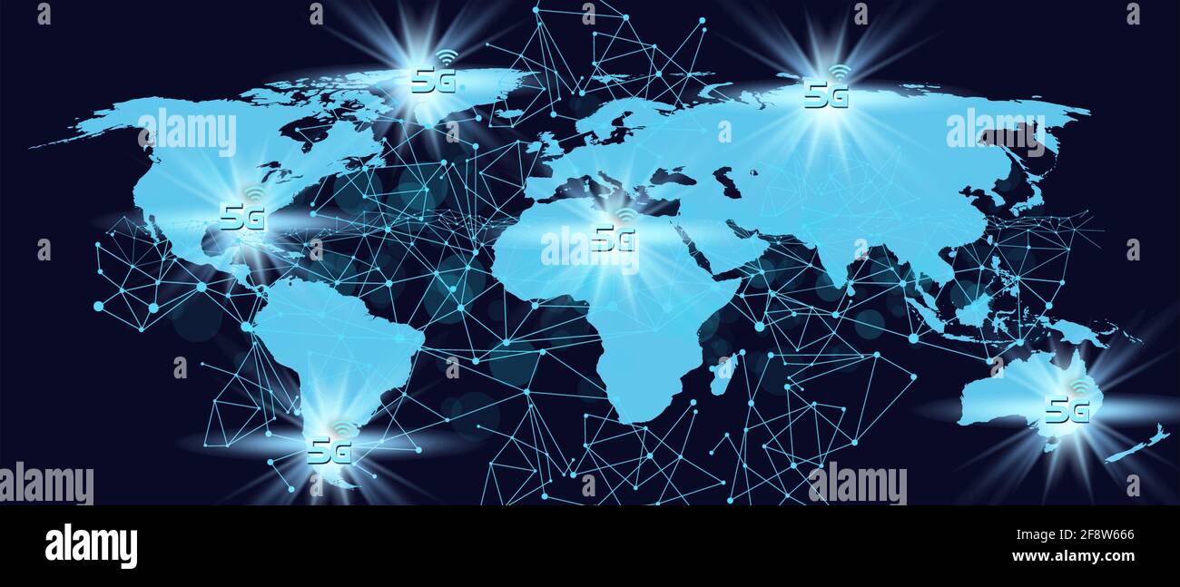 5G-Technologiekonzept.Weltkarte digitalen Hintergrund. 3D-Illustration Stockfoto