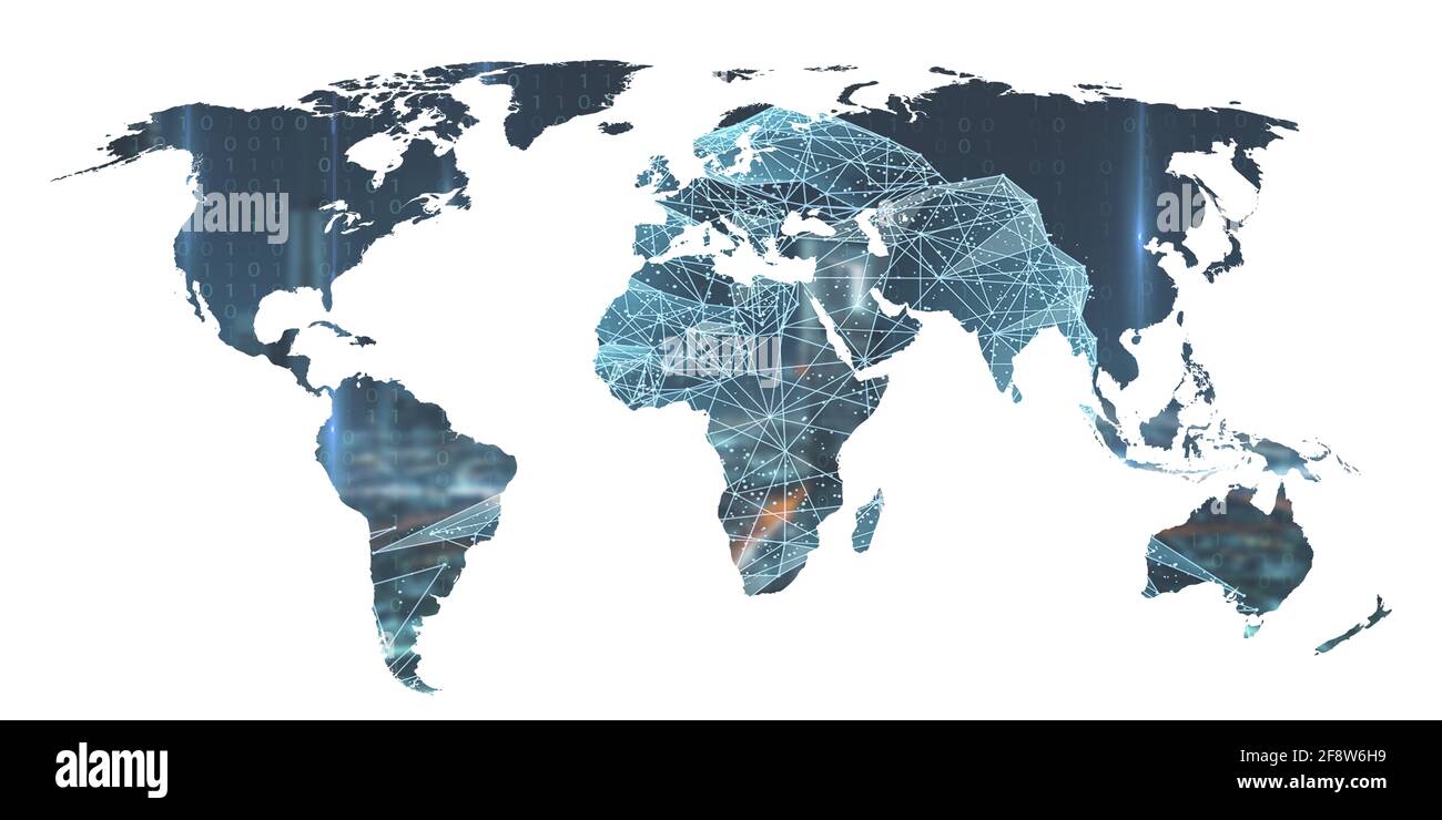 Abstrakter Technologiehintergrund. Digitale Weltkarte mit Linien und Punkten auf weißem Hintergrund Stockfoto