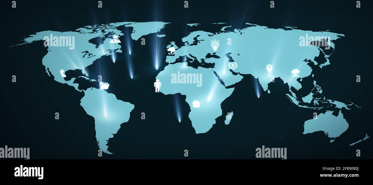 Abstract Geschäft, globales Marketing, Kommunikation, Verbindung, weltweite Technologie Illustration Hintergrund. Business Marketing-Symbole und Weltkarte Stockfoto