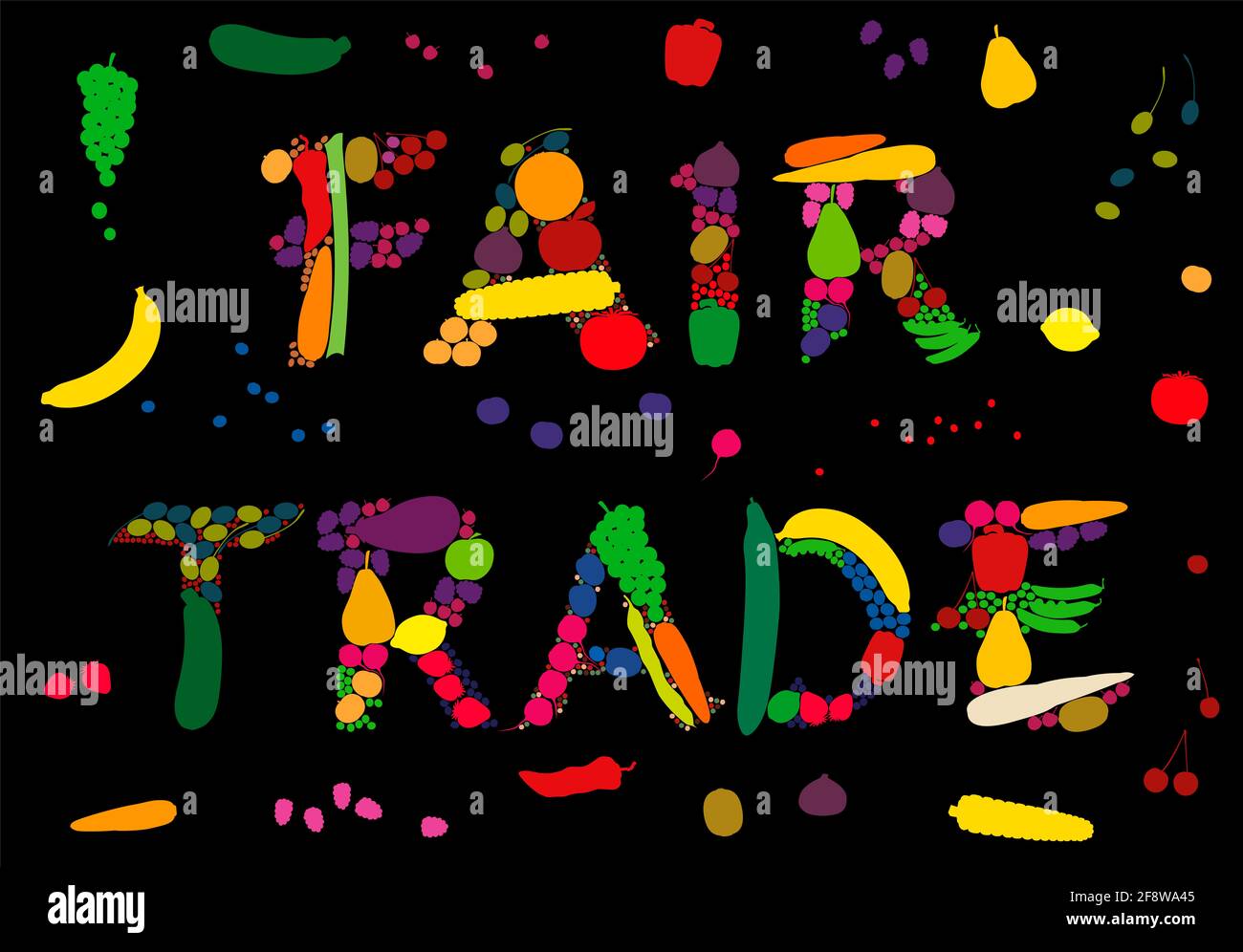 Fair-Trade-Symbol mit Obst und Gemüse wie Bananen, Orangen, Zitronen, Äpfeln, Trauben, Oliven, Birnen, Kiwis, Gurken, Karotten, Paprika. Stockfoto