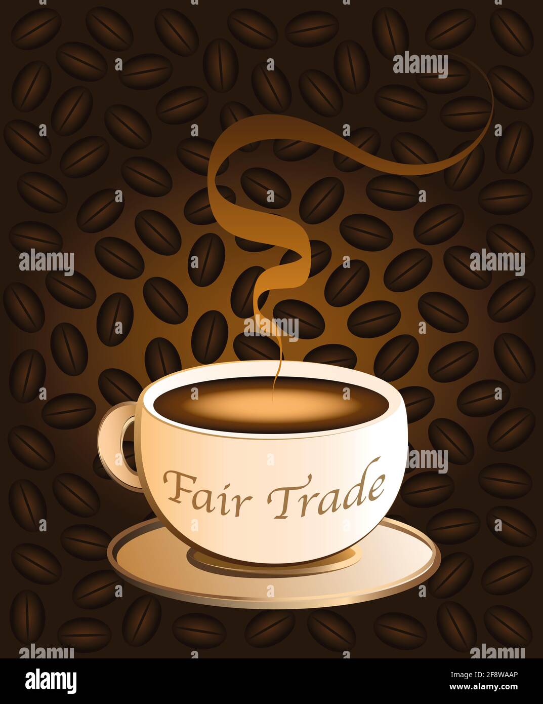 Fair-Trade-Kaffee in einer cremefarbenen Porzellanbecher, Kaffeebohnen Hintergrund. Stockfoto