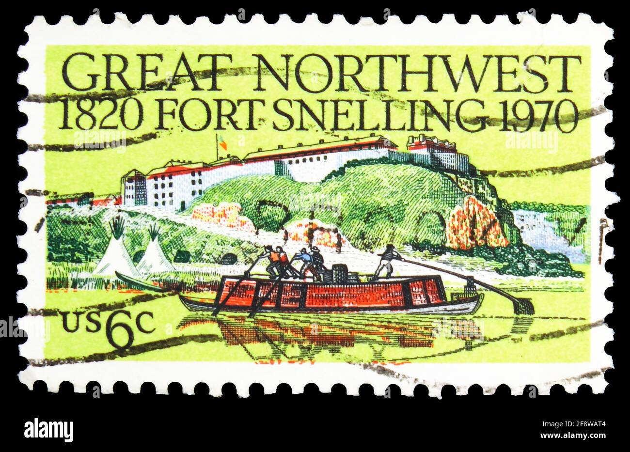 MOSKAU, RUSSLAND - 1. OKTOBER 2019: Briefmarke gedruckt in Ausstellungen Fort Snelling Keelboat und Tepees, Fort Snelling Serie, 6 - United States Cent, circa Stockfoto