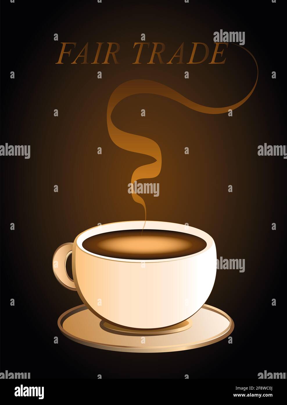 Fairtrade-Kaffee mit Aroma und FAIR-TRADE-Text - Illustration auf braunem Hintergrund. Stockfoto