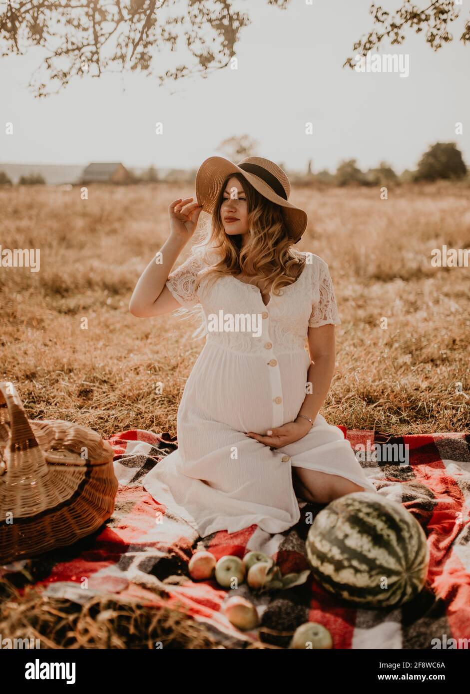 Glückliche europäische kaukasische Schwangere in der Natur Picknick entspannen Blick auf die Kamera. Werdende Mutter in Hut und Kleid halten Hand auf Bauch. Gesicht mit m Stockfoto