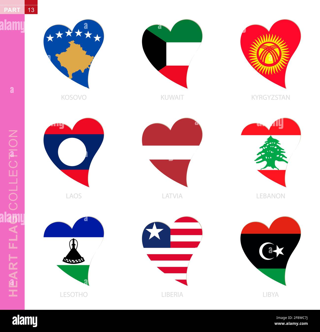 Сollection von Flaggen in Form eines Herzens. 9 Herzsymbol mit Flagge des Landes Kosovo, Kuwait, Kirgisistan, Laos, Lettland, Libanon, Lesotho, Liberia, Li Stock Vektor