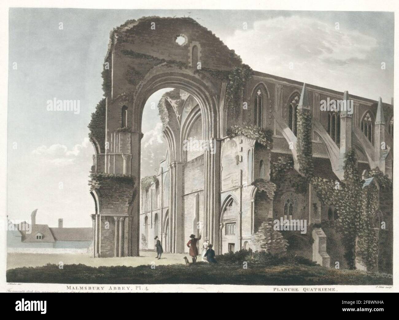 Malmsbury Abbey, Pl. 4. Planche Quatrieme Beschreibung der Ansicht in Engl. U. franz. Sprache unter dem Titel Stockfoto
