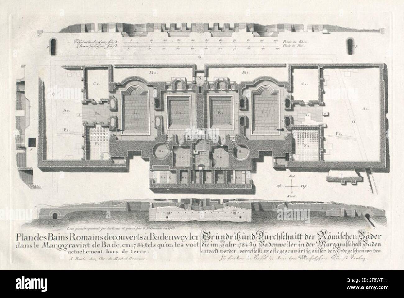 Plan des Bains Romains Découvert à Badenweyler Dans Le Marggraviat de Ben, EN 1784, tels Qu'on Les Voit Actuellement Hors de Terre. Grundriß und Durchschnitt der römischen Bäder wurden 1784 bis Badenweiler im Randbereich von Baden entdeckt, wie sie bis auf die Erde gegenwärtig zu sehen sind. Stockfoto