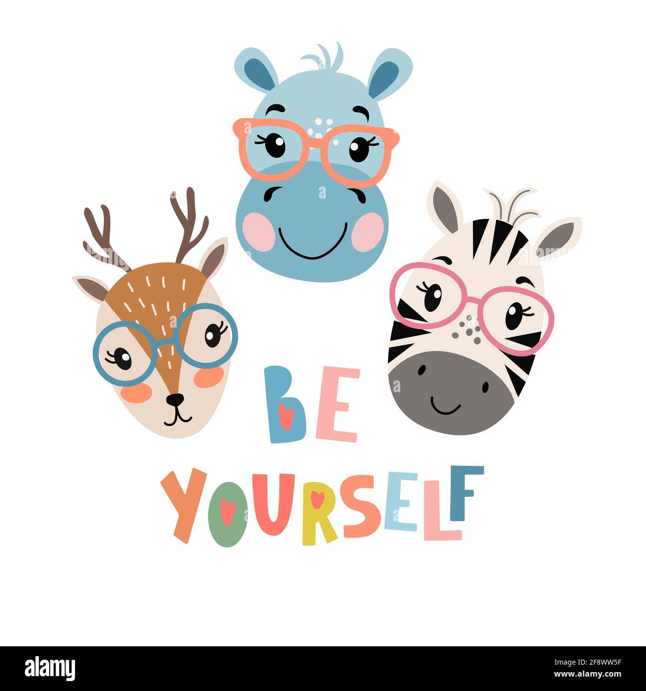 Niedliche Gesichter von Zebra, Hirsch, Nilpferd - sei du selbst. Stock Vektor