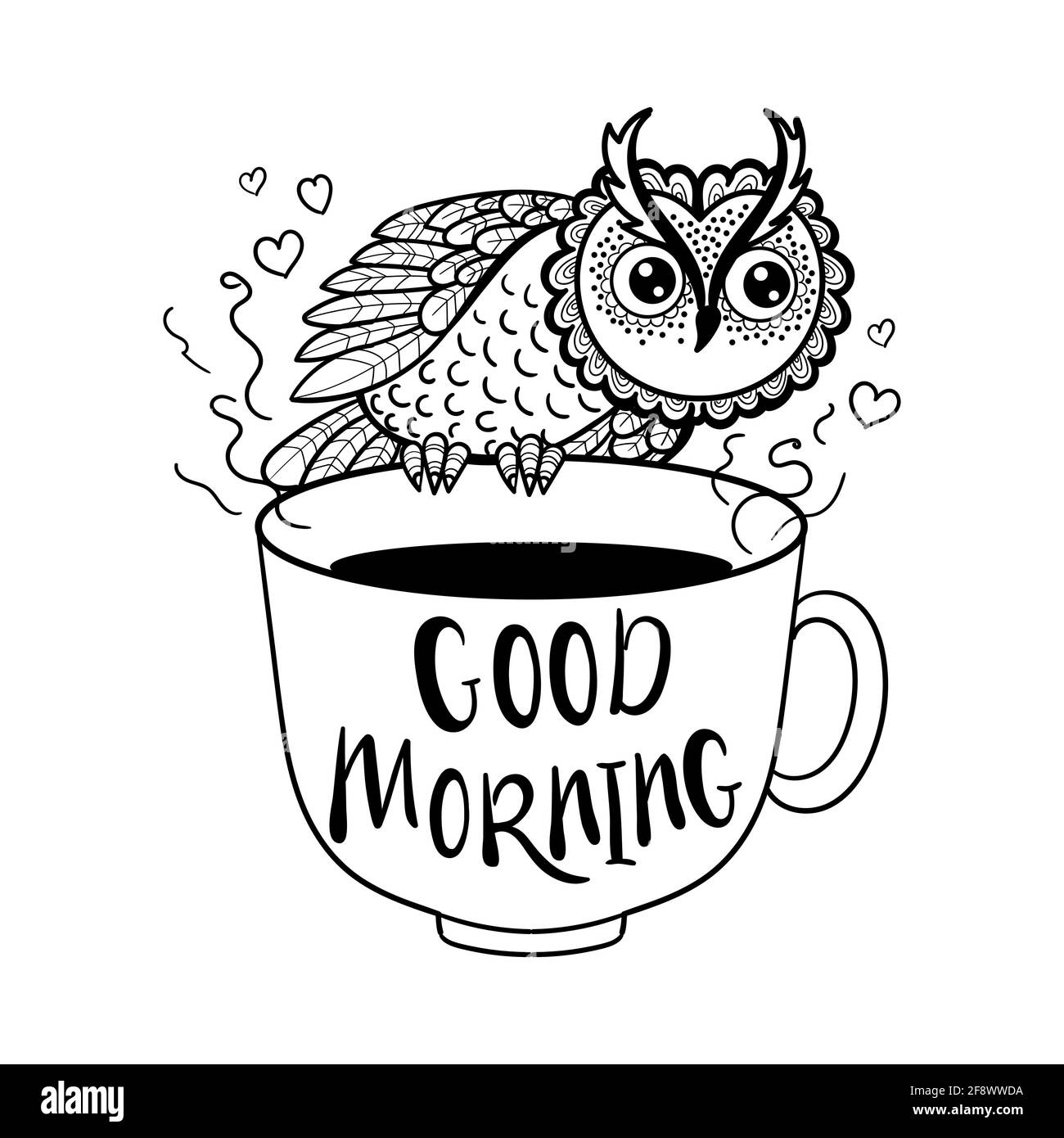 Lustige Eule und eine Tasse Kaffee. Schwarz-Weiß, lineare Zeichnung. Vektor Stock Vektor