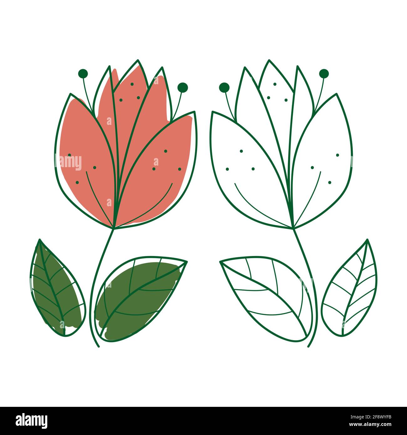 Blume Doodle Vektor Illustration Set von zwei Arten mit Farbe Und ohne auf weißem Hintergrund Stock Vektor