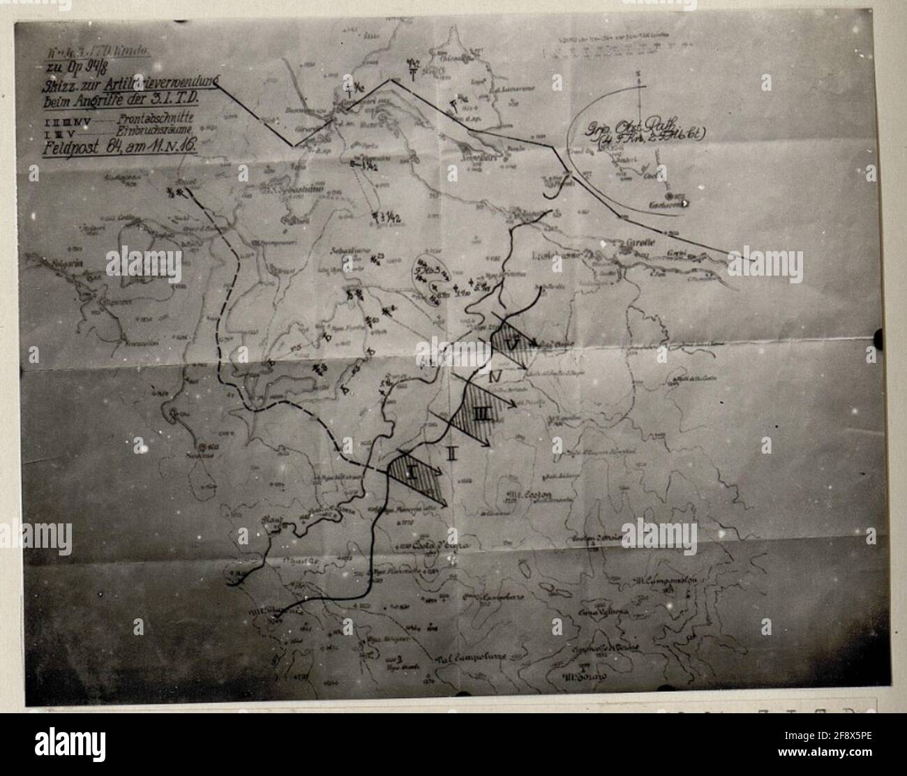 Skizze für Artillerie beim Angriff auf die 3.infanterie-Truppentruppe. Stockfoto