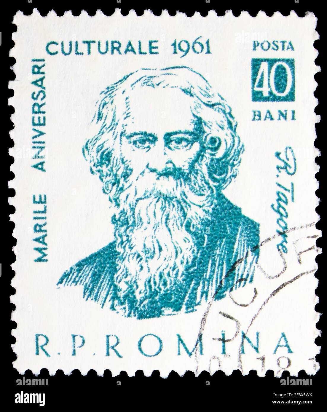 MOSKAU, RUSSLAND - 1. OKTOBER 2019: Die in Rumänien gedruckte Briefmarke zeigt Rabindranath Tagore (1861-1941), bengalischer Dichter und Philosoph, Kulturanniver Stockfoto