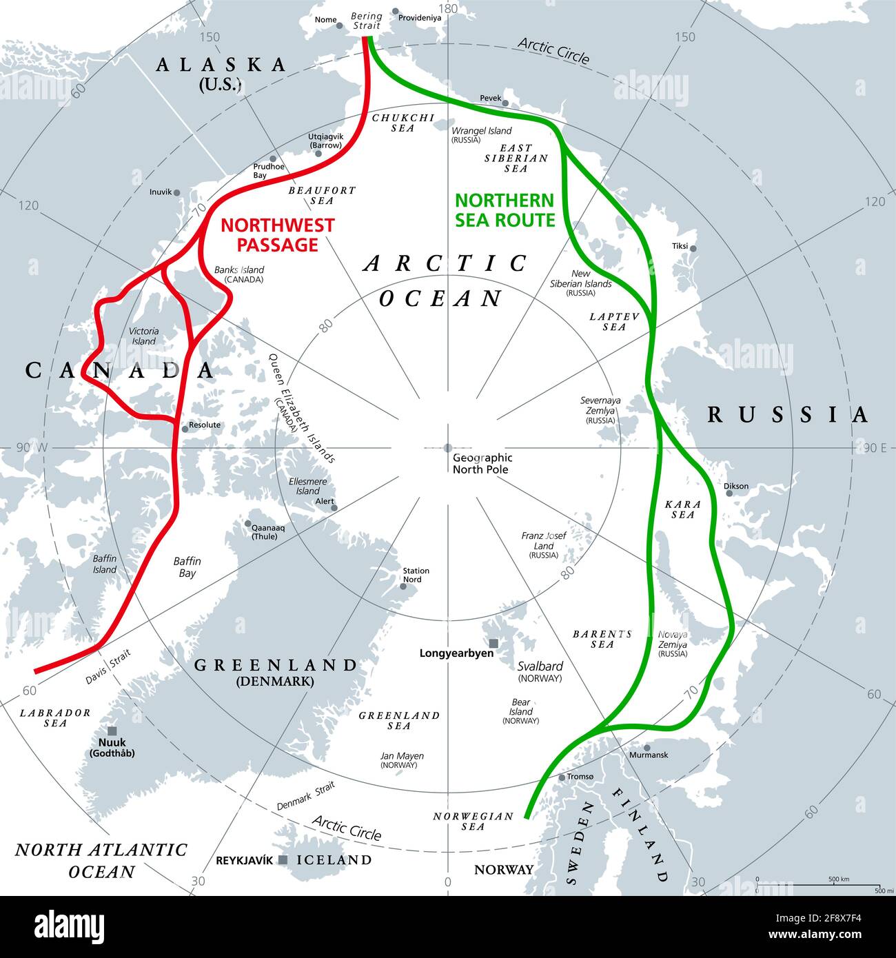 Meeresrouten im Arktischen Ozean, graue politische Karte. Arktische Schifffahrtsrouten. Nordwestpassage und Nordseestraße. Seewege, die von Schiffen genutzt werden. Stockfoto
