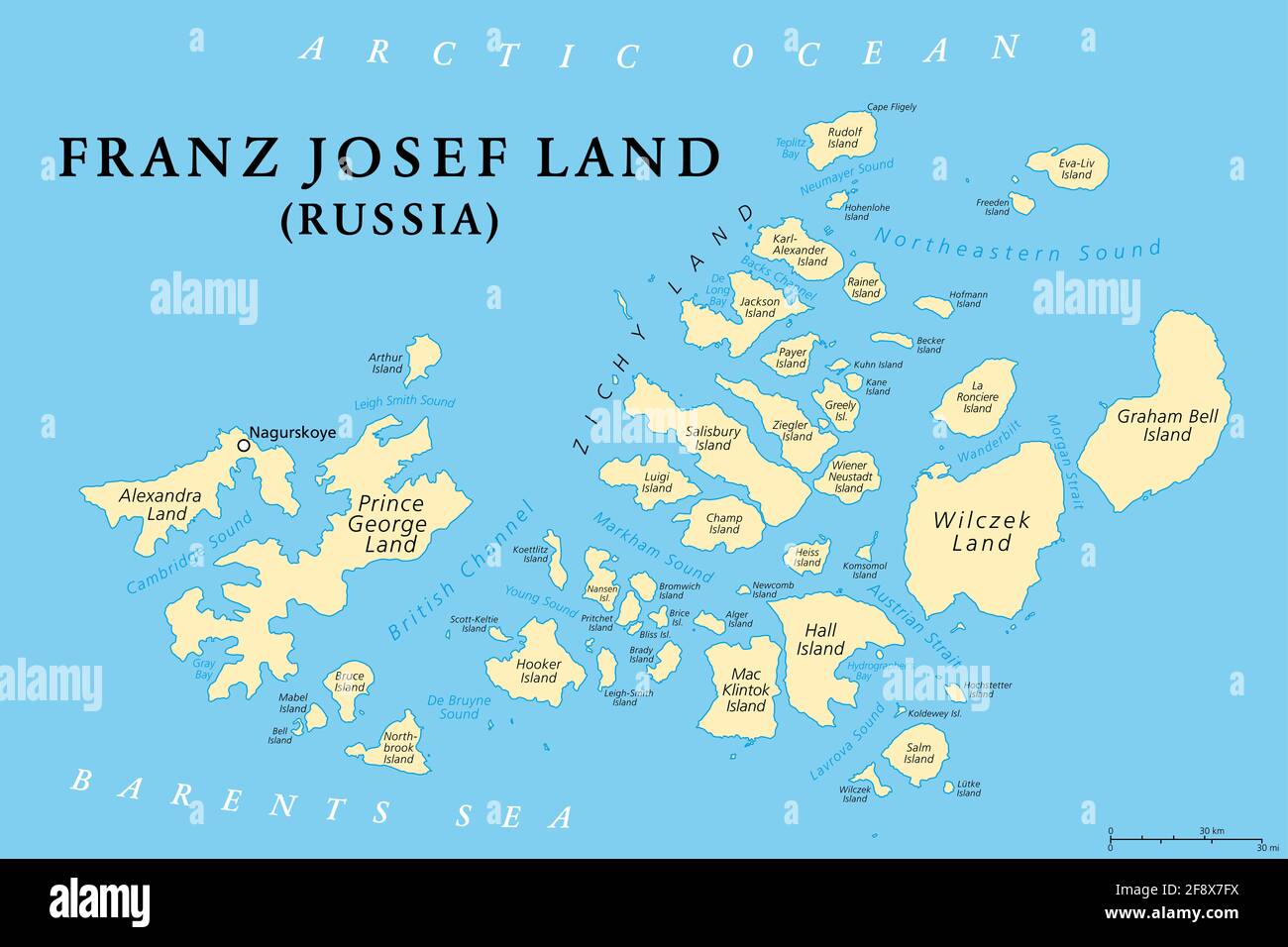Franz Josef Land, politische Landkarte. Russische Inselgruppe im Arktischen Ozean, nördlichster Teil des Archangelsk-Gebiets. Stockfoto