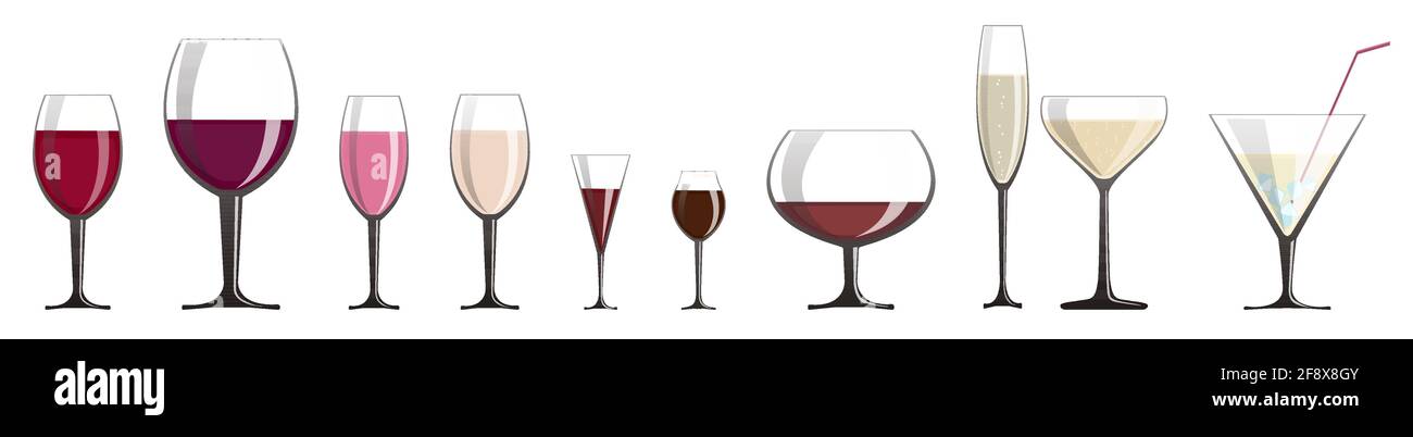 Ein Set aus Gläsern in verschiedenen Formen mit einer Vielzahl von Weinen und leichten alkoholischen Getränken. Stock Vektor