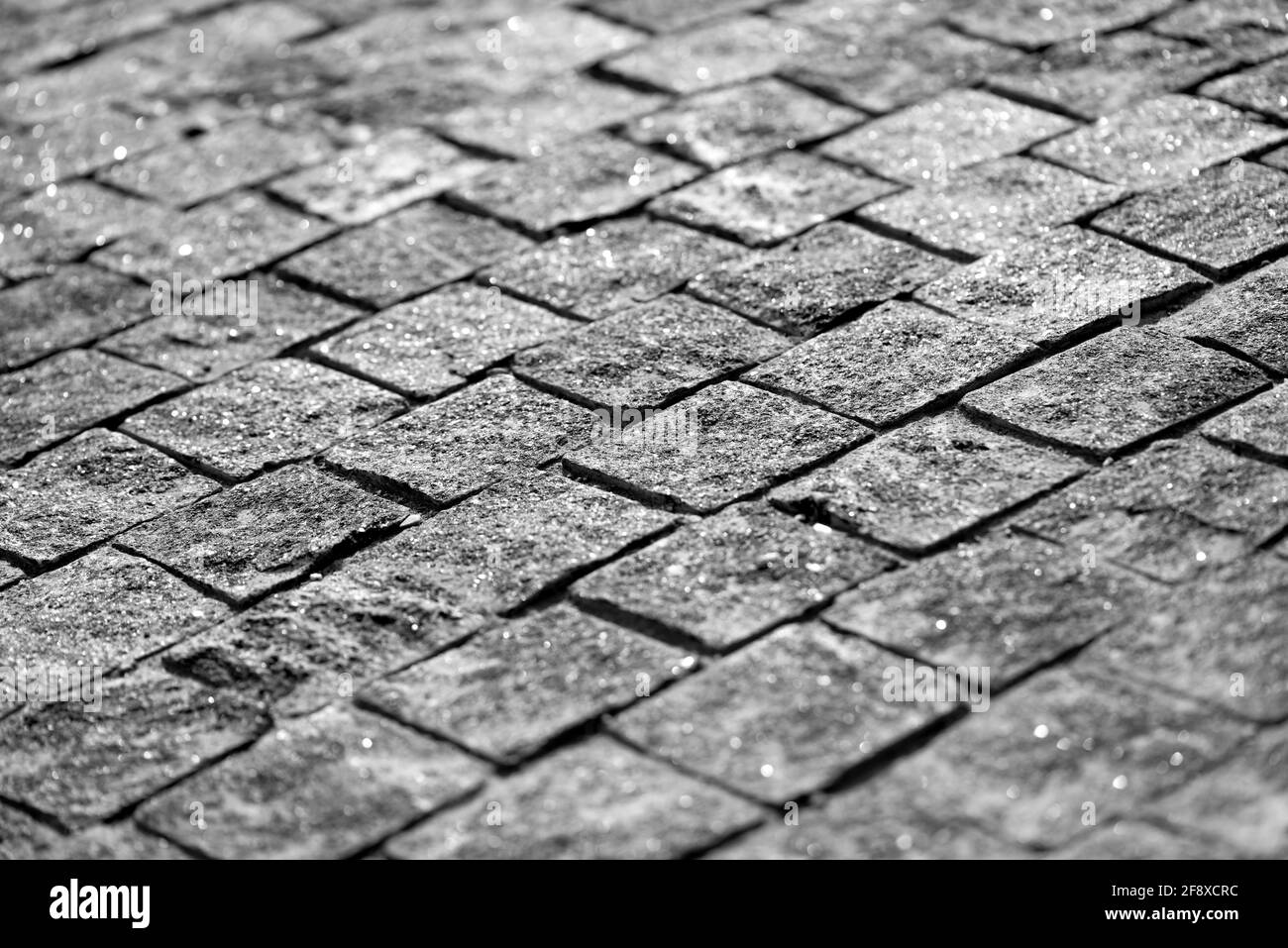 Pflastersteine Straße Textur schwarz und weiß. Straße und quadratische Fläche. Stockfoto