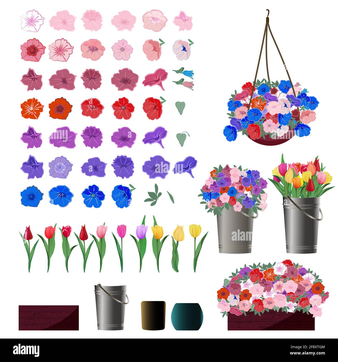 Set von Petunia und Tulpenblüten für Blumenarrangements mit Anwendungsbeispielen in Körben, Eimern und Töpfen. Vektordarstellung in einem Carto Stock Vektor