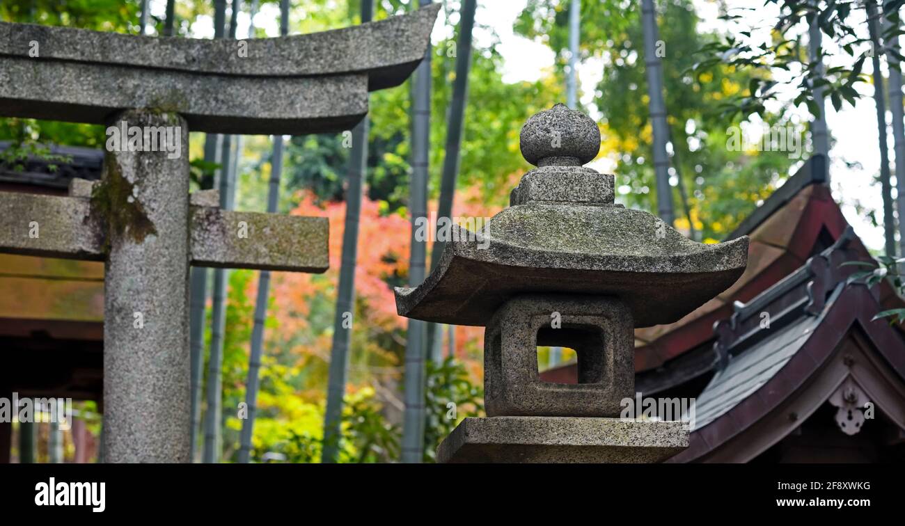 Torii-Tor und japanische Steinarchitektur im Chion-in-Tempel im Herbst, Kyoto, Japan Stockfoto
