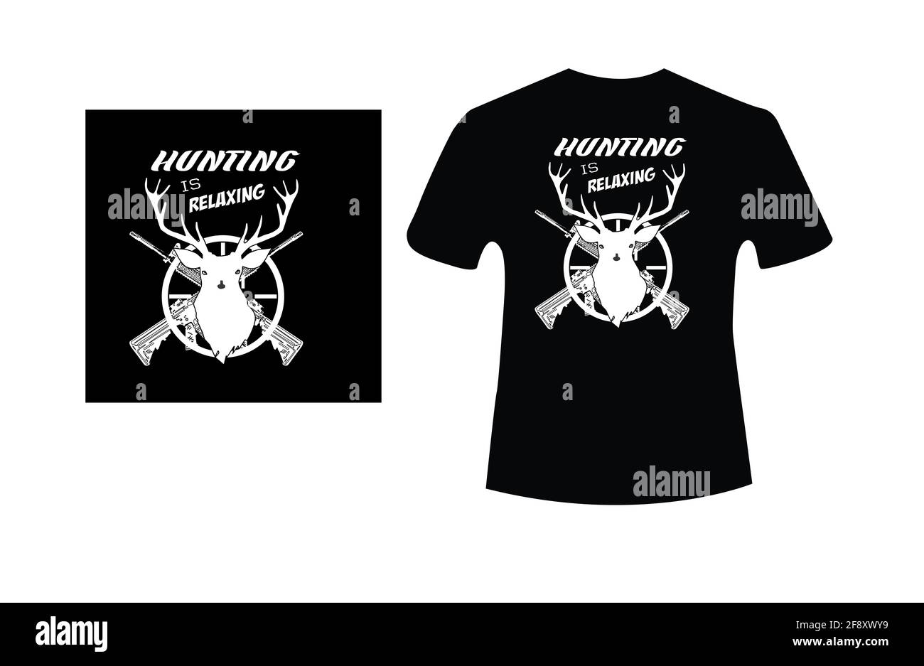 Jagd-T-Shirt-Design Vektor. Schwarzes T-Shirt mit Jagdtext und Abdruck-Vektor Stockfoto