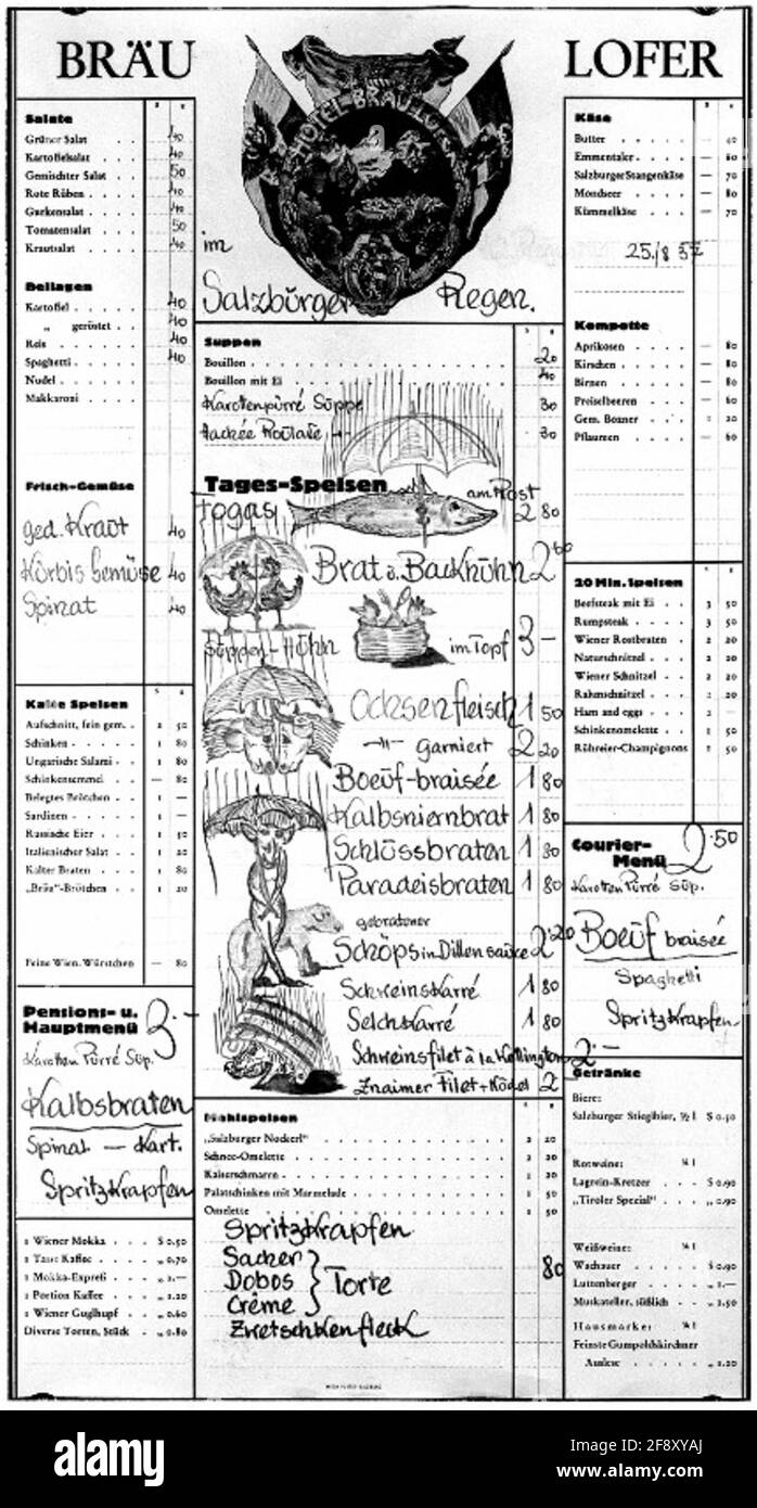 Menü Spise Card des Hotel Bräu in Lofer vom 25.8.1937. Stockfoto