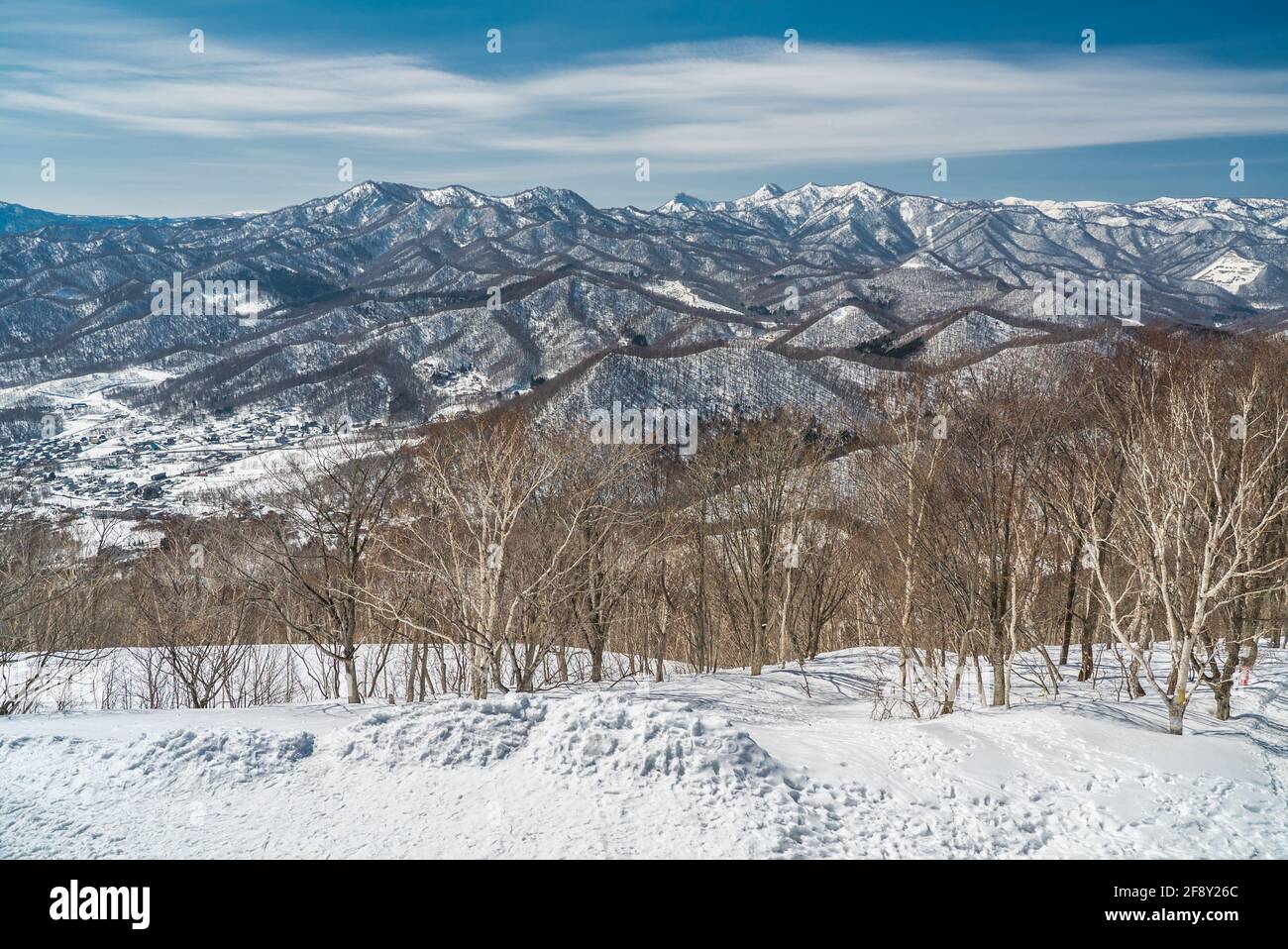 Winterlandschaft. Japanische Berge im Schnee. Mt Moiwa Blick auf das von Bäumen gesäumte Bergtal von Sapporo, Hokkaido, Japan. Hintergrund. Stockfoto