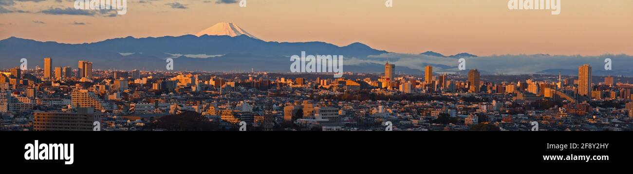 Der Fuji überragt bei Sonnenaufgang das Stadtbild in Tokio, Japan Stockfoto