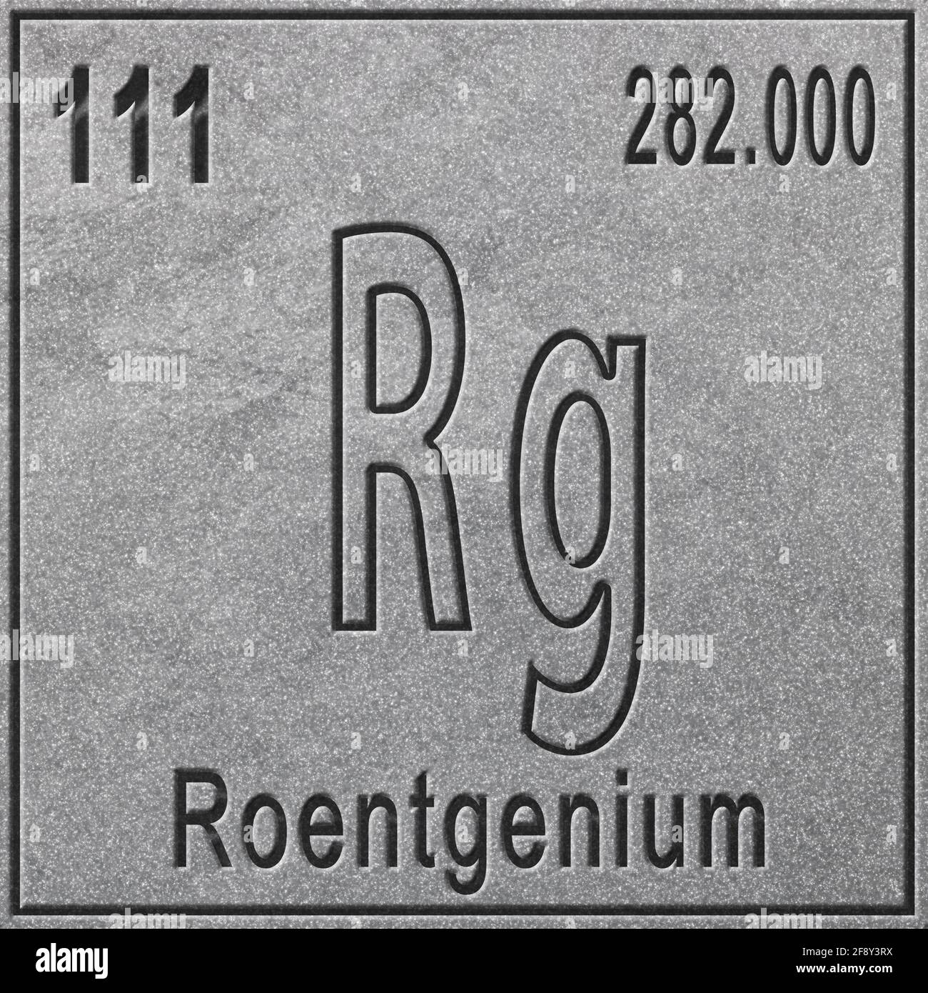 Roentgenium chemisches Element, Zeichen mit Ordnungszahl und Atomgewicht, Periodensystem-Element, silberner Hintergrund Stockfoto