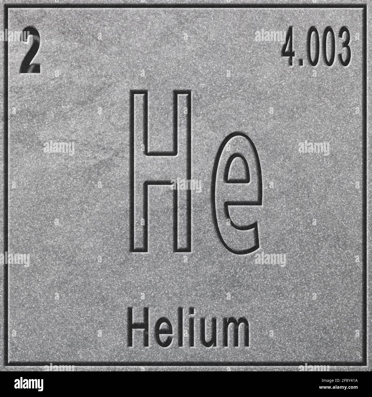 Chemisches Helium-Element, Zeichen mit Ordnungszahl und Atomgewicht, Periodensystem-Element, silberner Hintergrund Stockfoto