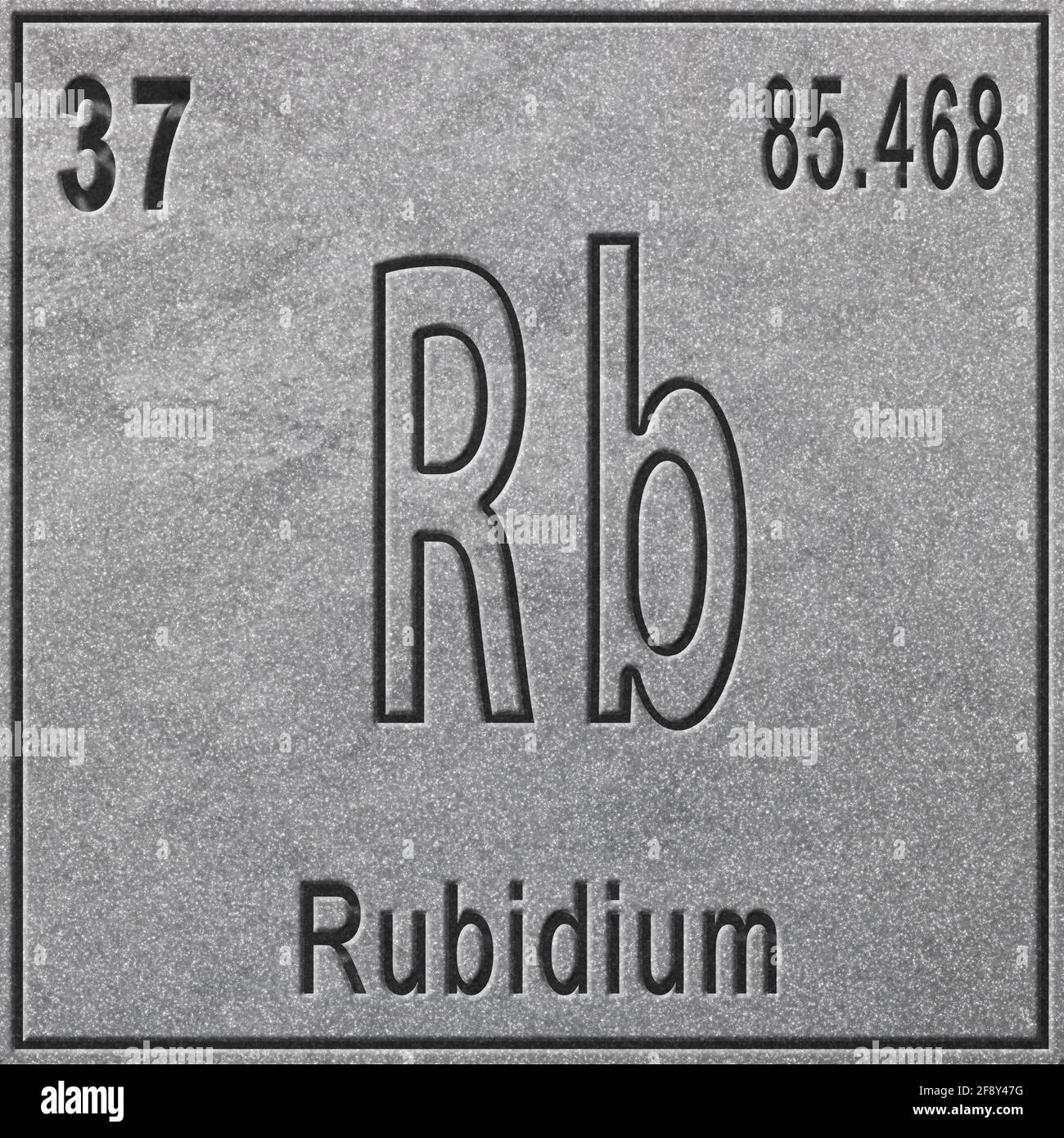 Rubidium chemisches Element, Zeichen mit Ordnungszahl und Atomgewicht, Periodensystem, silberner Hintergrund Stockfoto