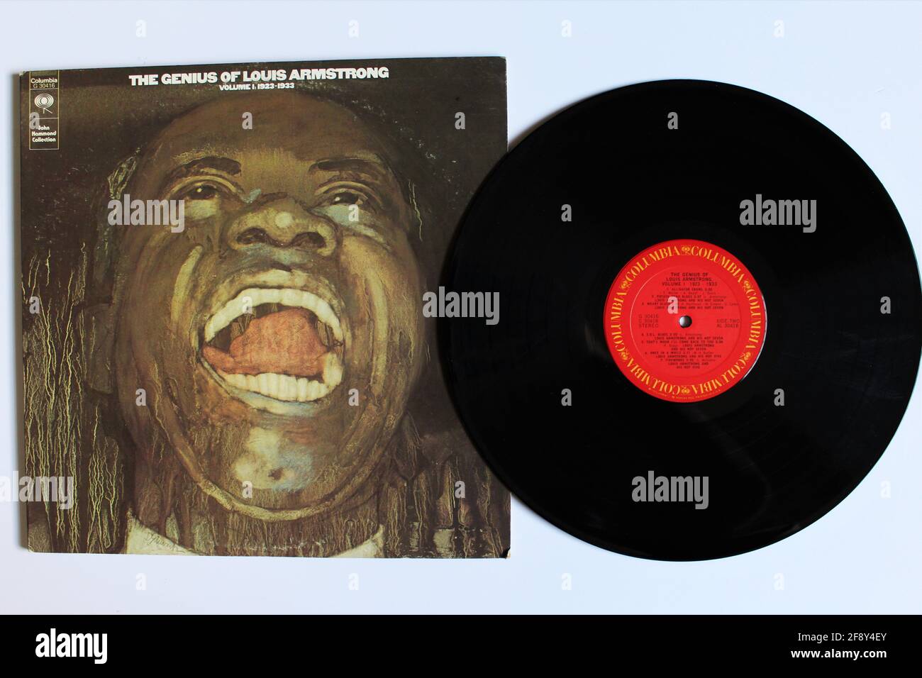 Album des Swing-, Jazz- und Blueskünstlers Louis Armstrong auf Vinyl-Schallplatte. Titel: Das Genie Von Louis Armstrong Band 1 Stockfoto