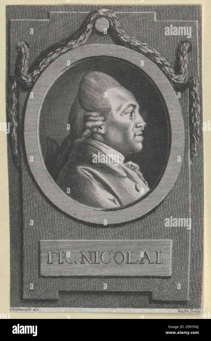 Nicolai, Friedrich Kupfergravur von Christian Gottlieb Geyser nach Zeichnung von Daniel Chodowiecki. Stockfoto