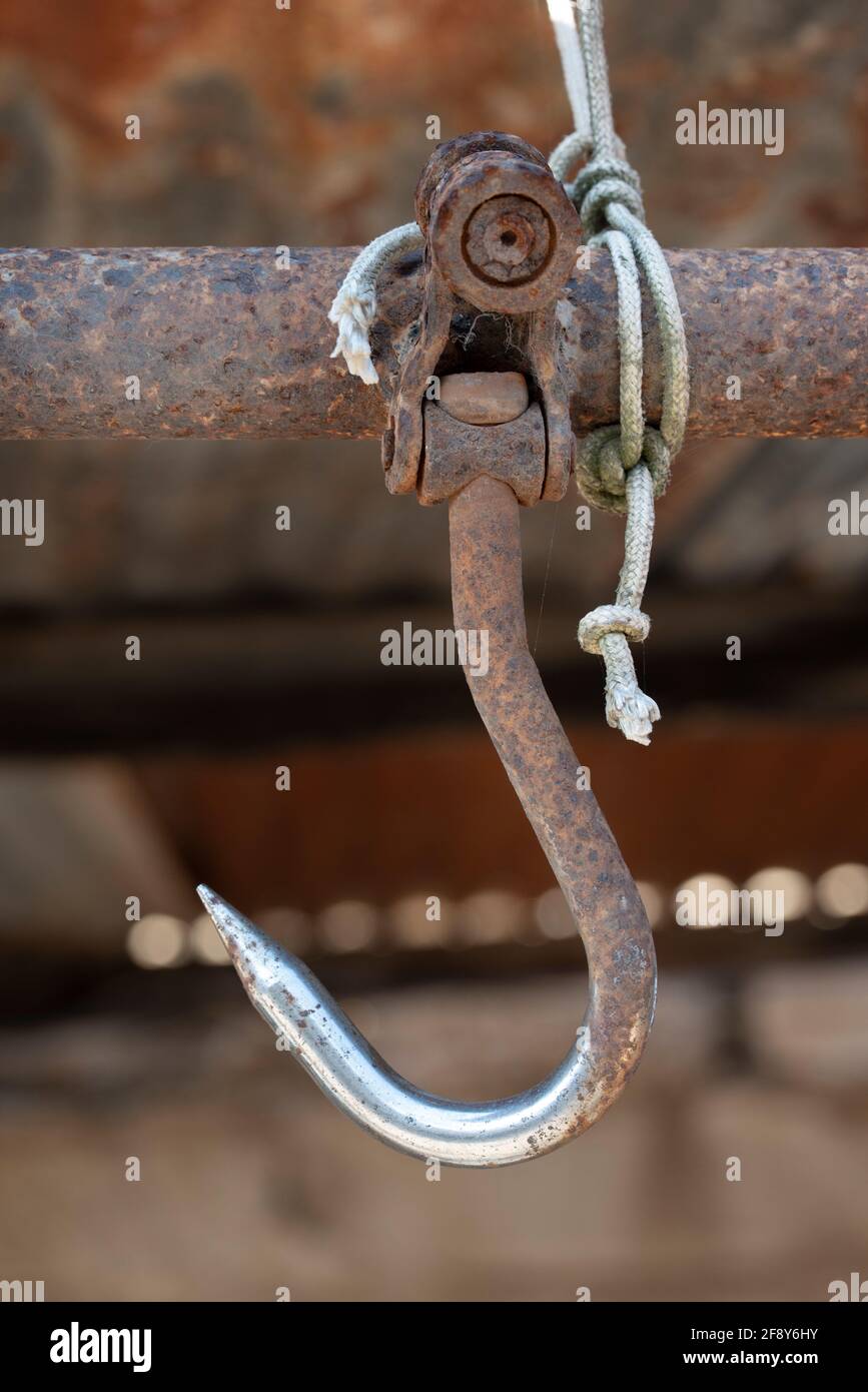 Ein rostiger Fleischhaken hängt von der Decke an einem Dunkler Hintergrund Stockfoto