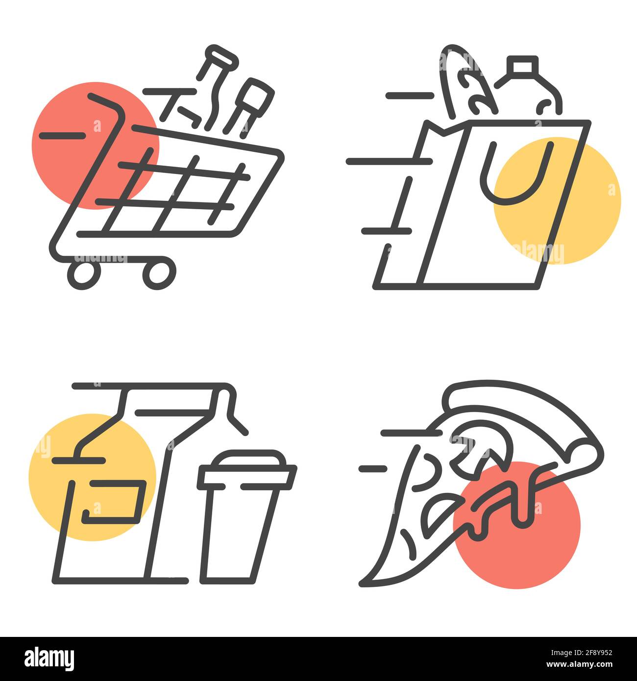 Satz einfacher linearer Vektorgrafiken, die das Konzept eines praktischen Lieferservice für Lebensmittel darstellen. Bearbeitbare Kontur. Stock Vektor