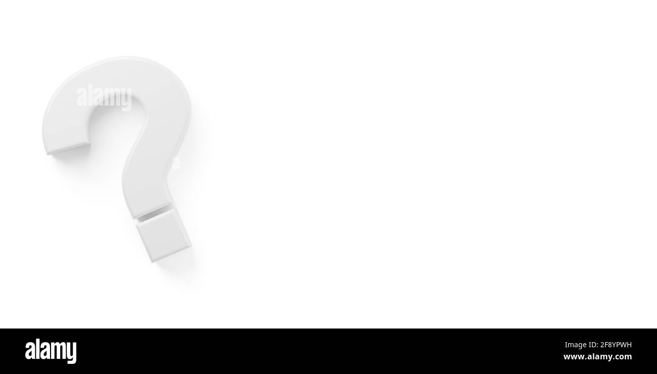 Weißes Fragezeichen-Symbol auf weißem Boden flach Lay Draufsicht von oben mit Kopierraum, Frage, faq oder Brainstorming Konzept, 3D-Illustration Stockfoto
