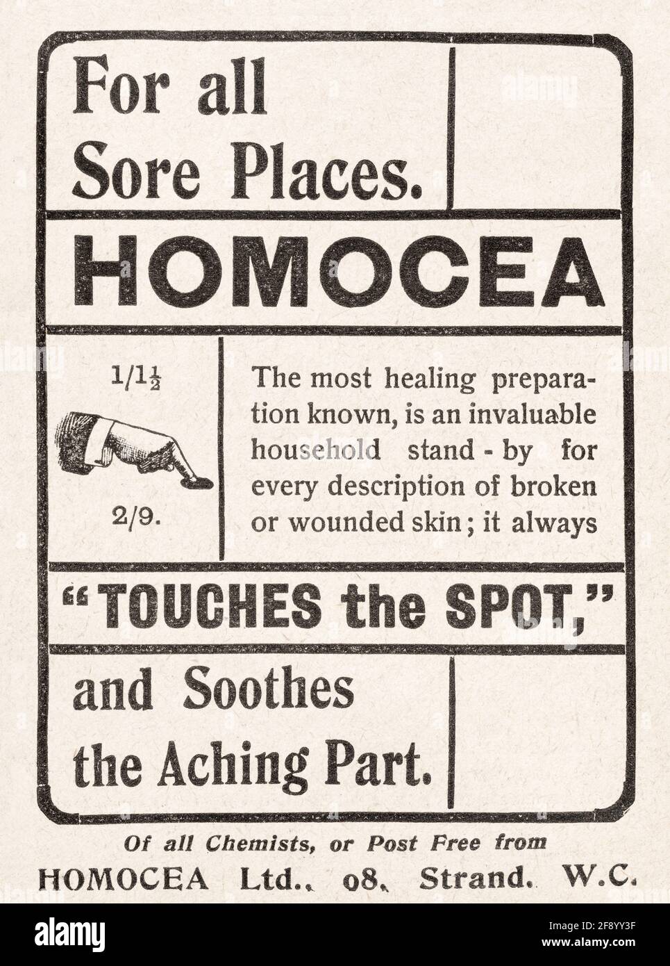 Alte Vintage viktorianische Homocea Salbe Anzeige von 1901 - vor dem Anbruch der Werbestandards. Geschichte der medizinischen Werbung, Schlangenöl Anzeigen. Stockfoto