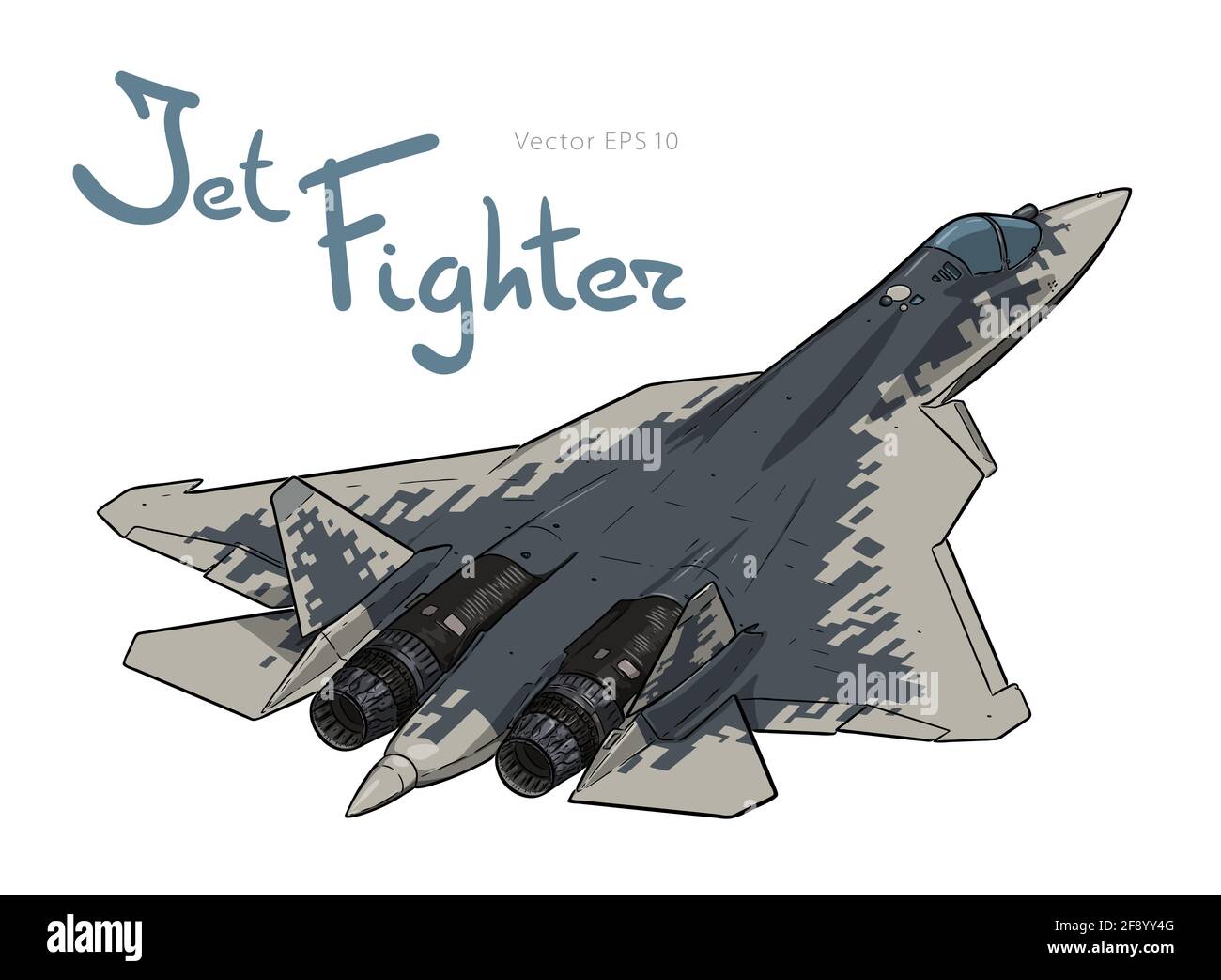 Flug des neuesten russischen Düsenjägers. Vektor Freihandzeichnen. Schwarze Linien auf weißem Hintergrund isoliert. Stock Vektor