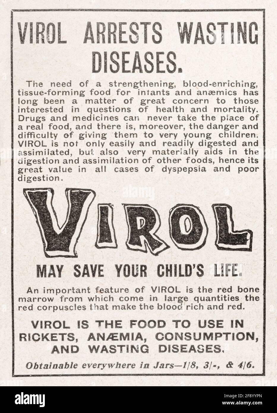 Alte Virol Babykost-Werbung von 1902 - vor dem Anbruch der Werbestandards. Geschichte der Werbung, Werbung für alte Lebensmittel, medizinische Küche. Stockfoto