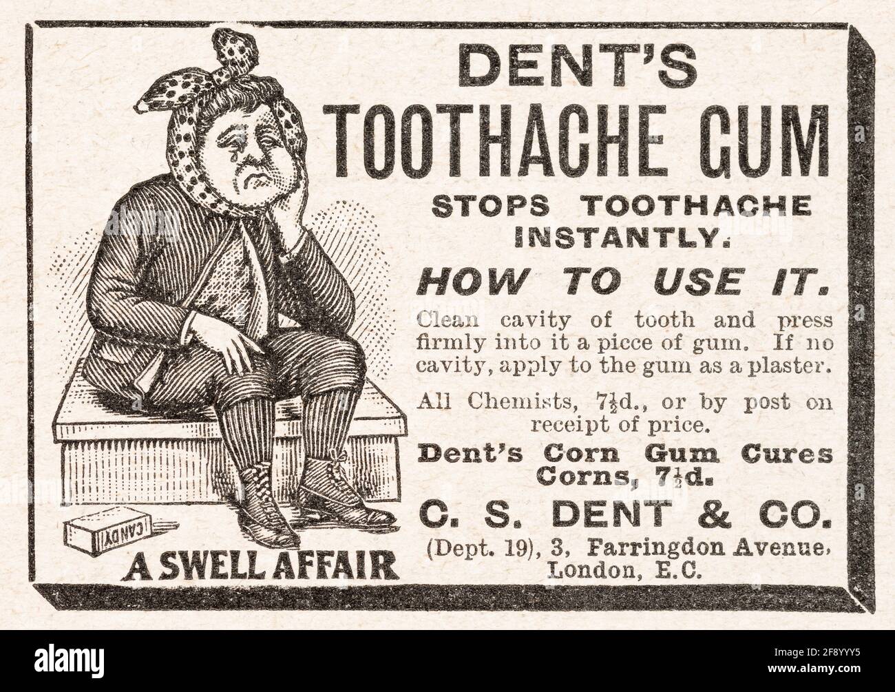 Alte viktorianische Zahnschmerzen Heilung Werbung von 1902 - Pre-Advertising Standards. Alte zahnärztliche Werbung, Geschichte der Werbung, glum Patient. Stockfoto