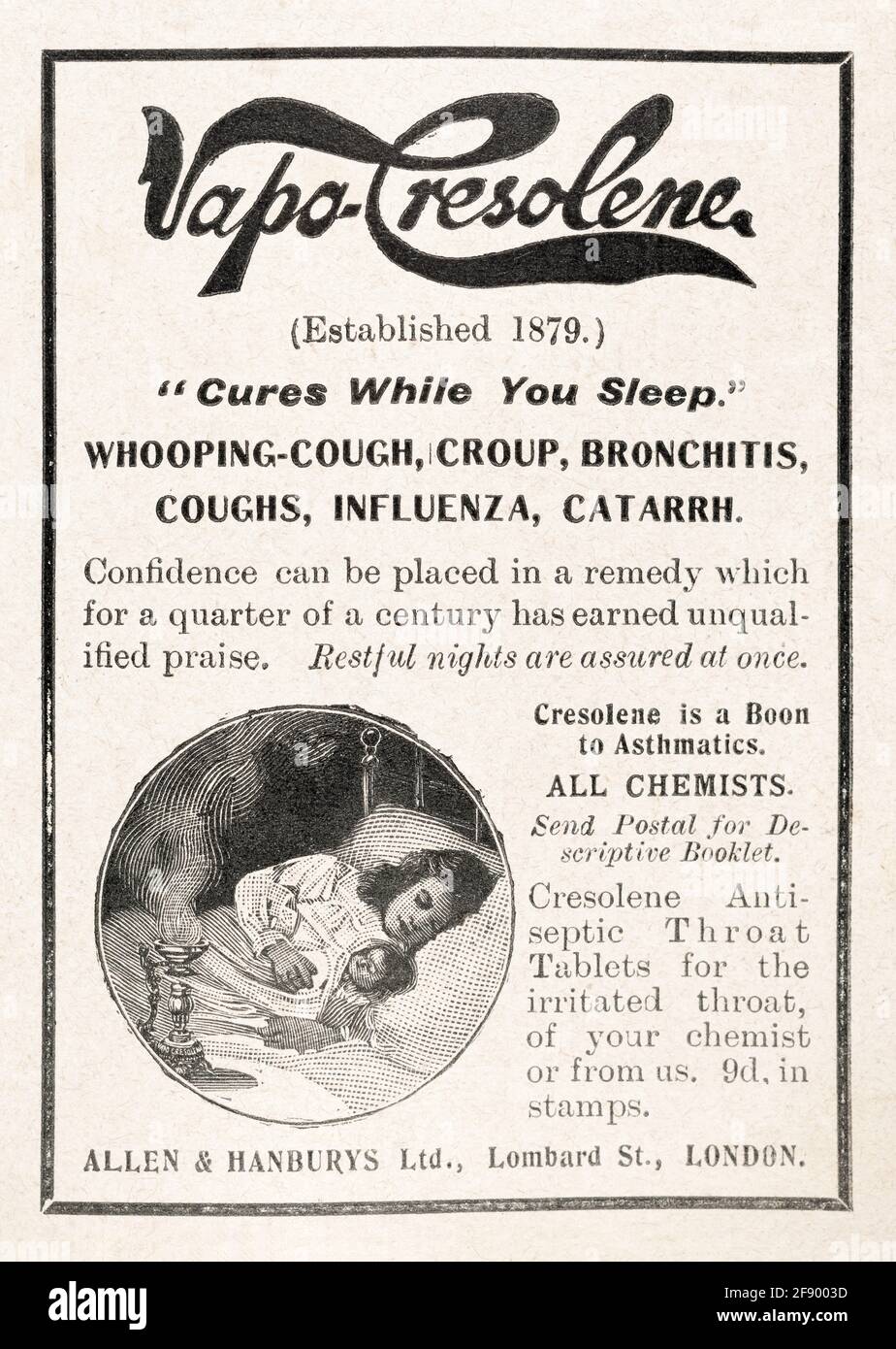 Alte viktorianische Zeitungspapier für Vapo-Cresoline Cold Cure Medizin Werbung von 1906 - vor Werbestandards. Stockfoto