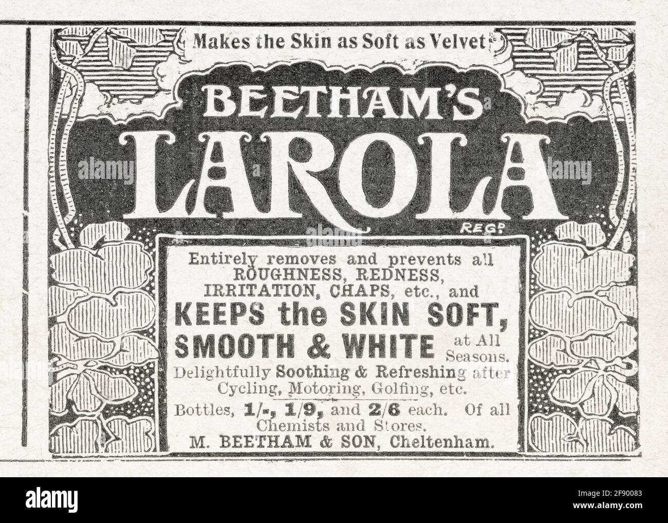 Werbung für alte viktorianische Hautpflege- und Schönheitsprodukte aus dem Jahr 1906 - Standards für die Vorwerbung. Alte Hautpflege-Werbung, Geschichte der Werbung. Stockfoto