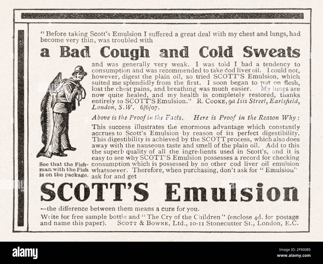 Alte viktorianische Zeitschriftenzeitung für Scott's Emulsion Hustenmedizin Werbung von 1907 - vor Werbestandards. Stockfoto