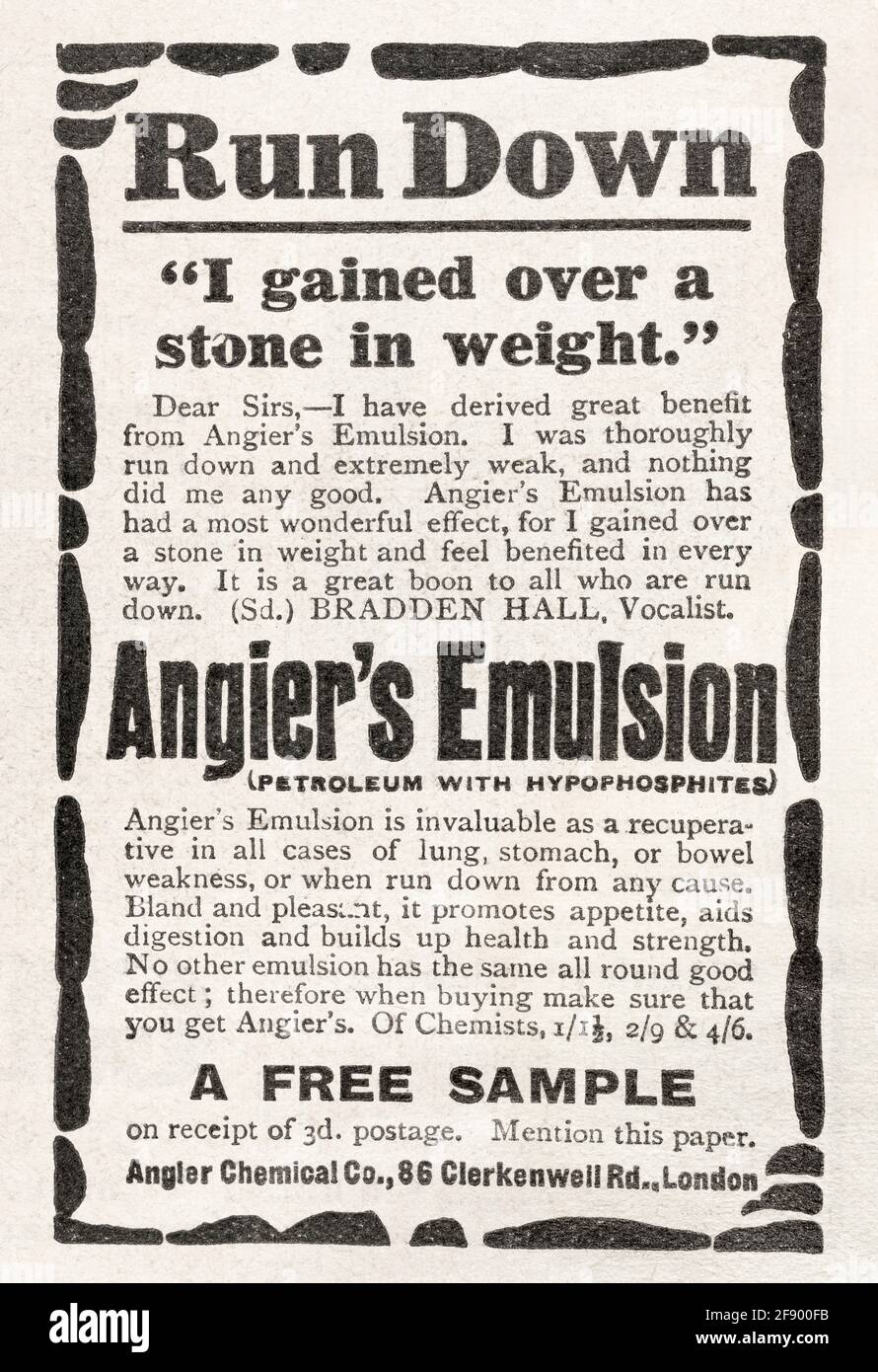 Angier's Emulsion, ein altes medizinisches Werbemittel aus dem Jahr 1911 - Standards für die Vorwerbung. Geschichte der medizinischen Werbung, alte Gesundheitsanzeigen, Schlangenöl. Stockfoto