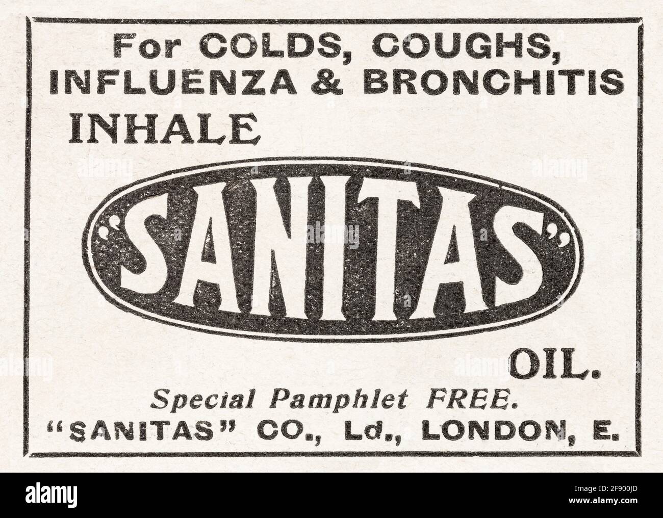 Alte alte edwardianische Zeitschriftenanzeige für Sanitas Oil aus dem Jahr 1911 - vor dem Anbruch der Werbestandards. Anamnese, Grippe, Bronchitis. Stockfoto