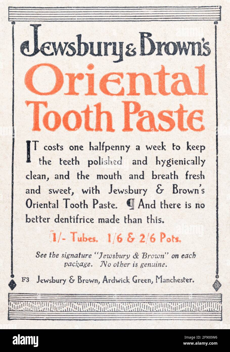 Alte Vintage-Zeitungsdruckzeitung des edwardianischen Magazins Jewsbury & Brown's Zahnpasta-Werbespot aus dem Jahr 1912 - vor dem Anbruch der Werbestandards. Stockfoto