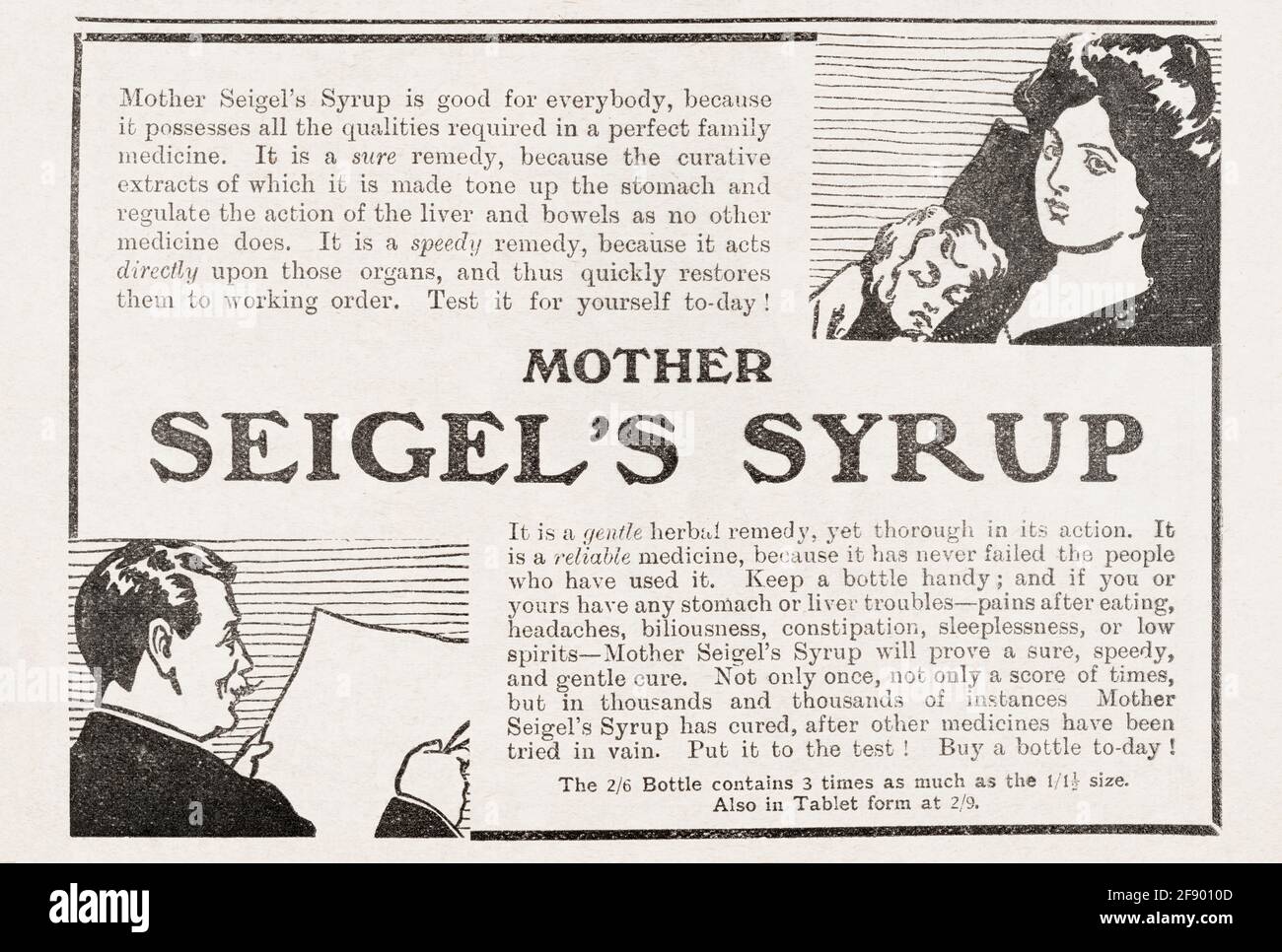 Seigel's Syrup Medical-Werbespot aus dem Jahr 1912 aus dem alten Jahr. Standards vor der Werbung. Geschichte der medizinischen Werbung, alte Gesundheitsanzeigen, Schlangenöl Heilung Stockfoto