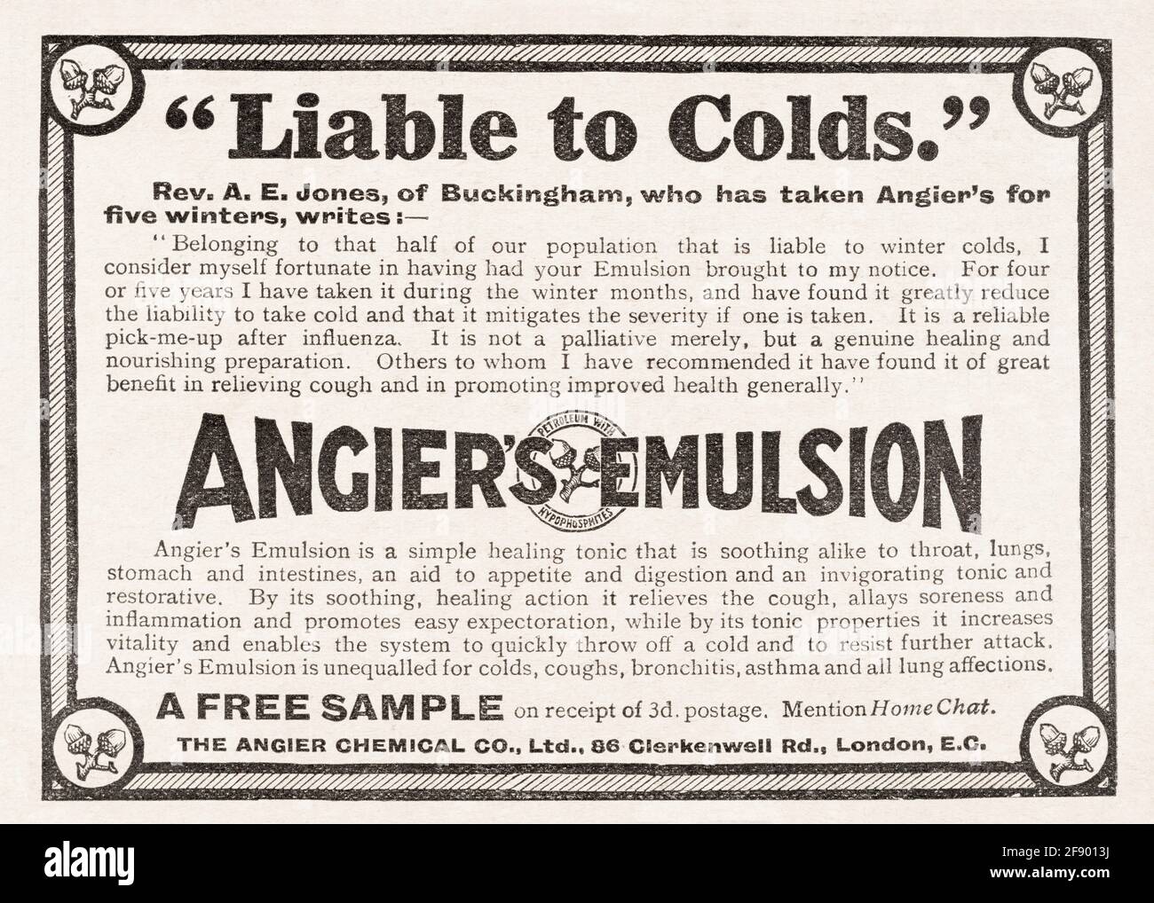 Alte alte edwardianische Zeitschriftenzeitung für Angier's Emulsion Cold Cure Medizin Werbung von 1911 - vor Werbestandards. Stockfoto