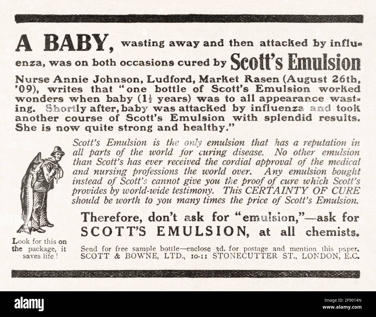 Alte, alte, edwardianische Zeitschriftenzeitung für Scott's Emulation Influenza-Medizin-Werbung von 1912 - vor Werbestandards. Stockfoto